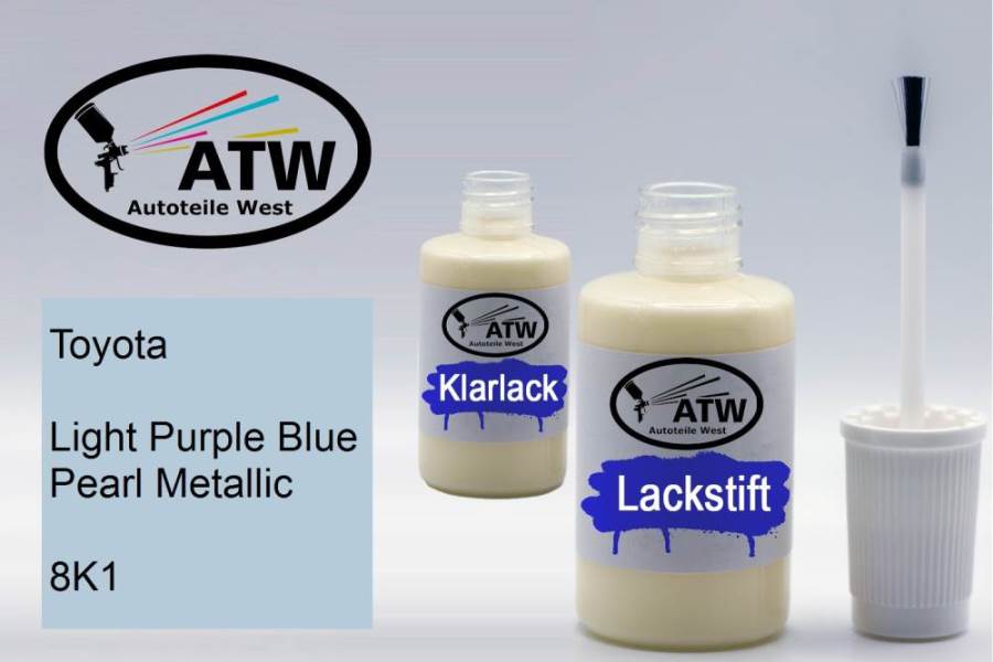 Toyota, Light Purple Blue Pearl Metallic, 8K1: 20ml Lackstift + 20ml Klarlack - Set, von ATW Autoteile West.